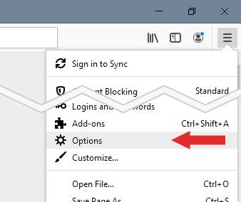 Screenshot showing how to get to Firefox Options