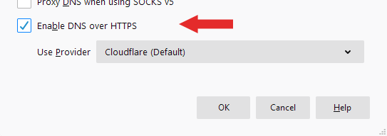 Screenshot showing how to enable DNS over HTTPS for Firefox