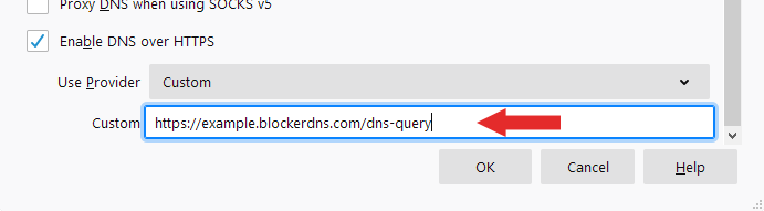 Screenshot showing how to customize DNS over HTTPS for Firefox